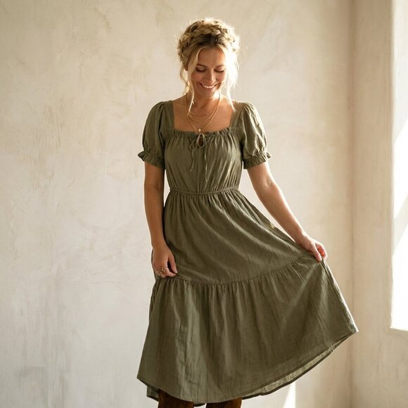 JUST FOUND Olive Green Midi Dress - Boho DÔEN Style L (Fits M) - Picture 2 of 7